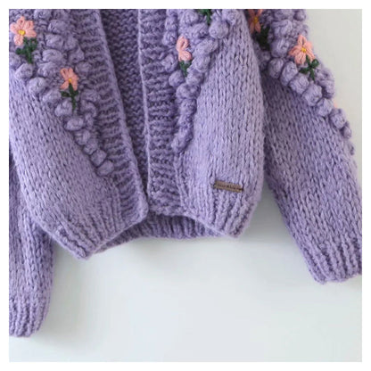 Three dimensional flower hook woven lantern sleeve cardigan sweater coat  7379