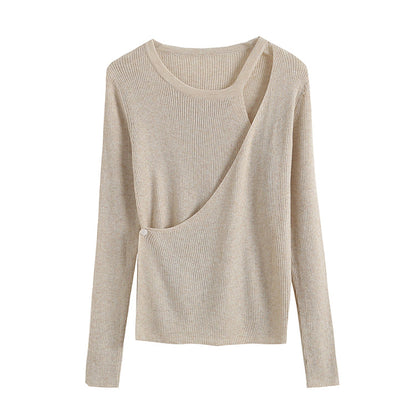 Design sense irregular knit shirt female autumn slim fit pure color bottomed shirt  7267