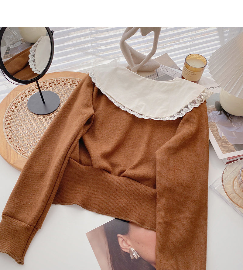 Design sense baby collar stitched sweater Vintage top 6601