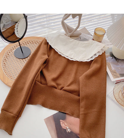 Design sense baby collar stitched sweater Vintage top 6601