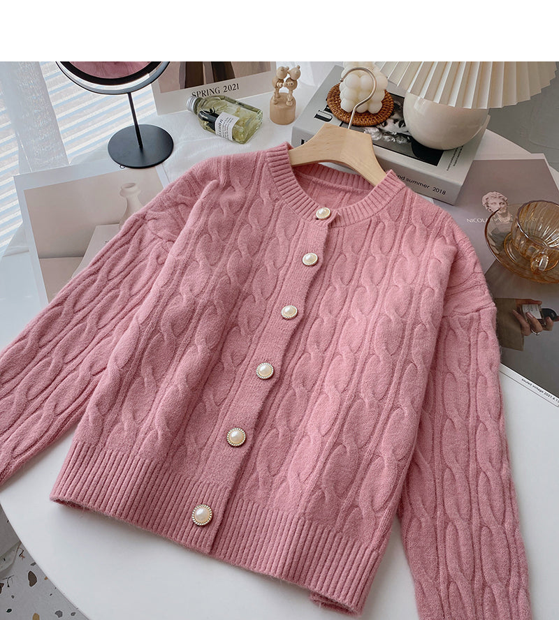 Single breasted crew neck solid twist sweater coat  6175