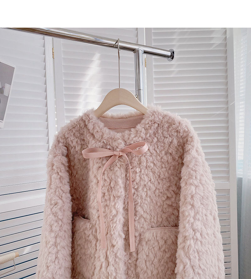 Lamb down coat aging loose tie long sleeve top  6225