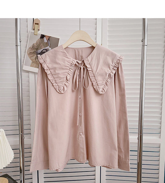 Solid long sleeved shirt with baby collar lace tie top  6432