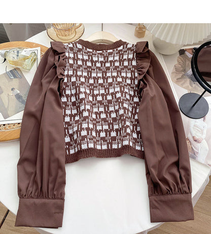 Knitwear Vintage fungus edge long sleeve stitching top  6515