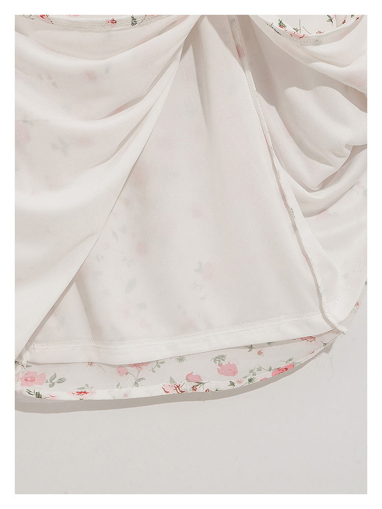 The new broken flower slim slim temperament high waist split fresh and gentle dress  7024