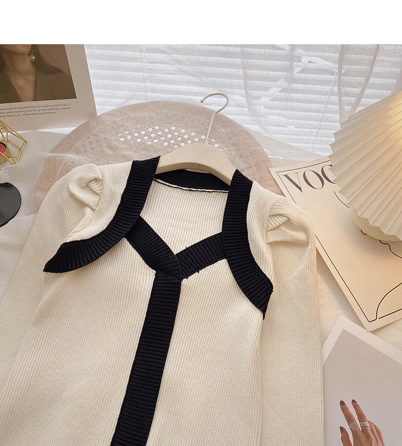 French square neck contrast thin long sleeve sweater  6625