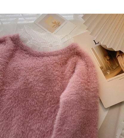 Lace edge stand collar Pullover long sleeve mohair sweater  5973