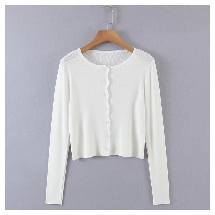 Crew neck solid color slim knit long sleeved cardigan top  7248