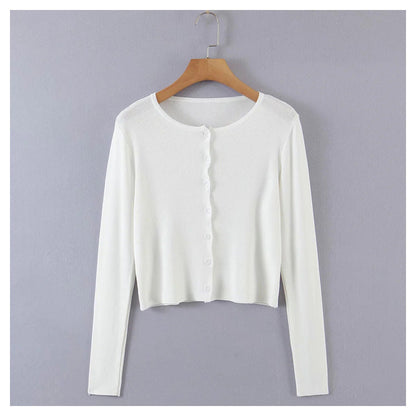 Crew neck solid color slim knit long sleeved cardigan top  7248