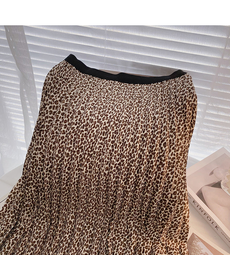 Hong Kong style retro leopard print thin pleated A-line skirt  5744
