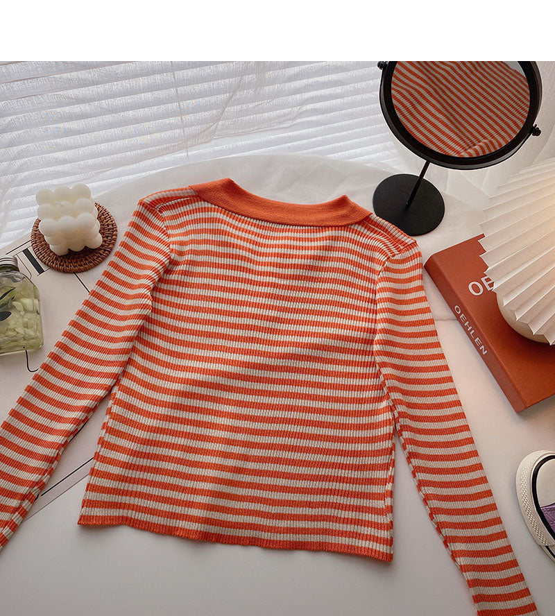 T-shirt Lapel stripe contrast color shows thin slim top fashion  6538