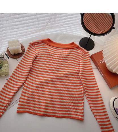 T-shirt Lapel stripe contrast color shows thin slim top fashion  6538