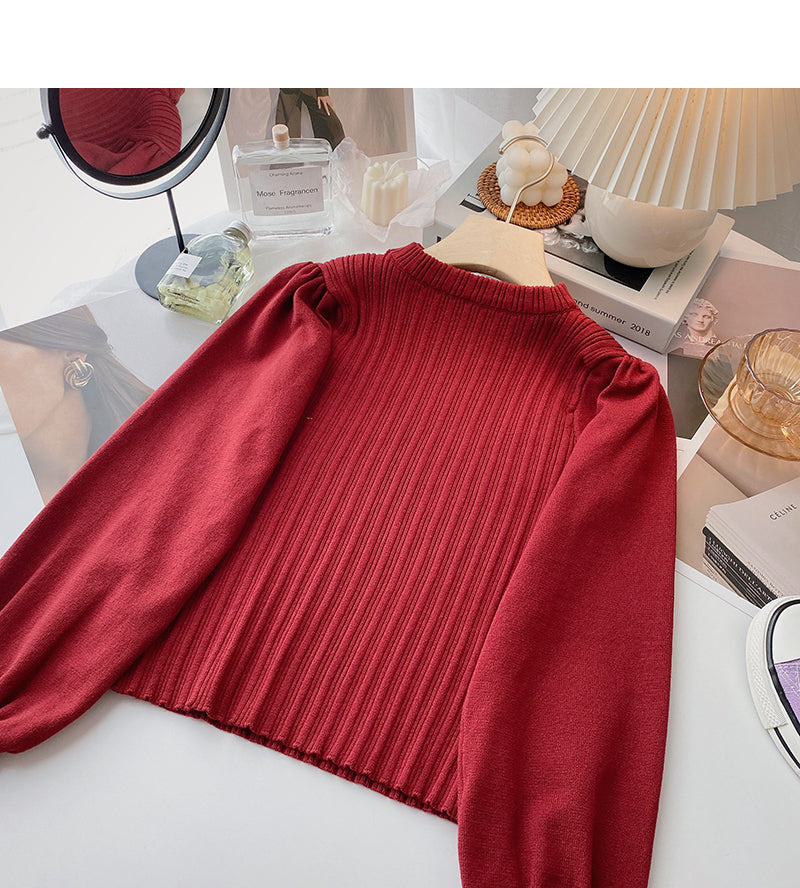 Careful machine hollowed out square neck sweater Lantern Sleeve Top  6516