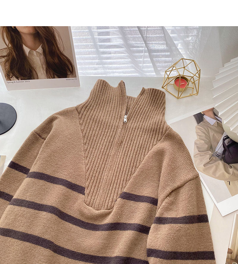 New Korean Lapel Half Zip stripe contrast stitching long sleeve top  6118