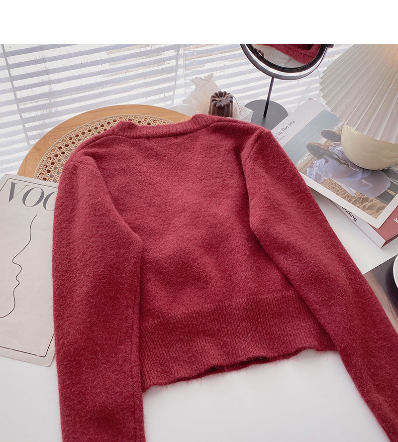 Long sleeved knitted sweater retro three button V-neck slim top fashion  6152