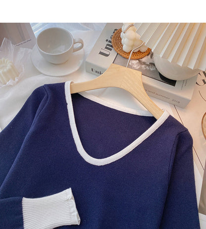 Versatile design contrast V-Neck long sleeve top  6694