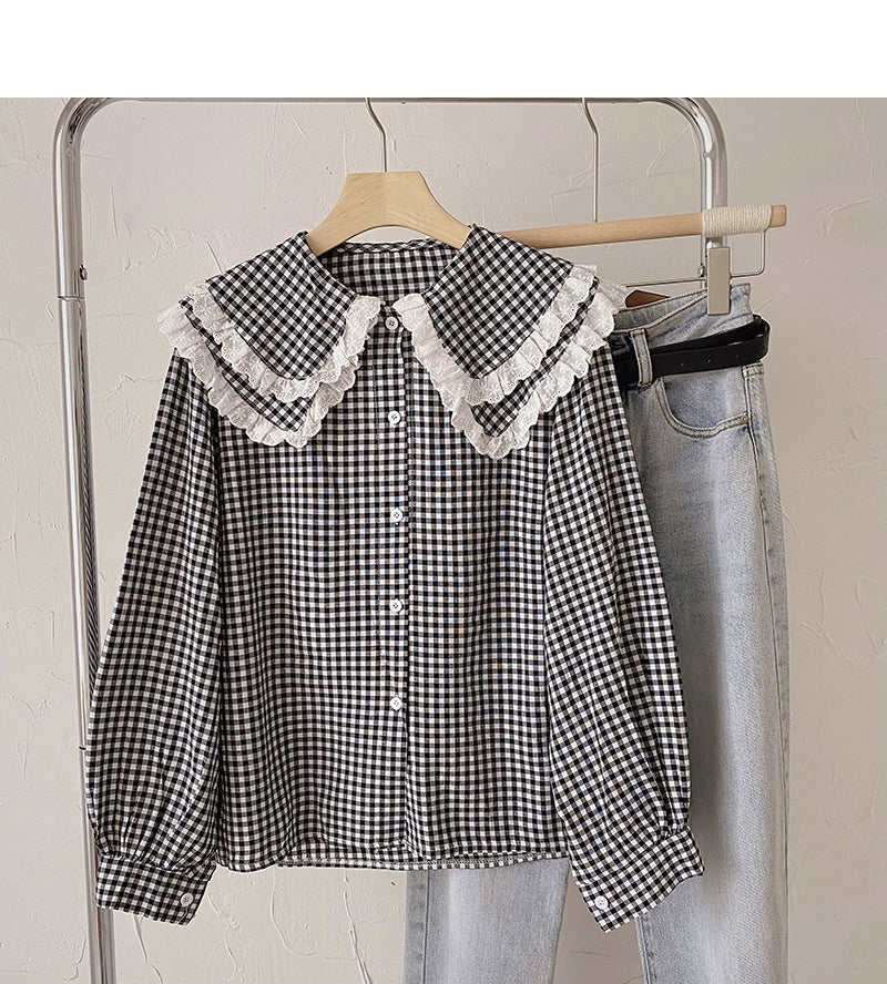 Lace Baby collar shirt Korean version thin and foreign style single breasted top  6435