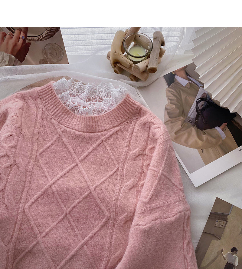 Korean lace edge round neck long sleeve design top  5985