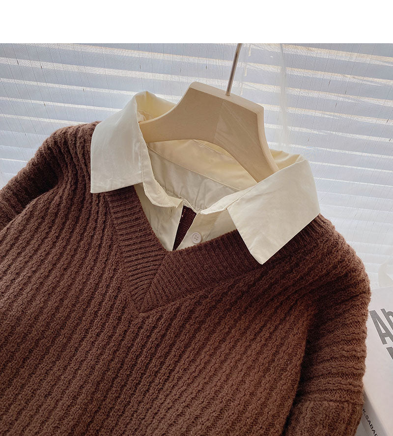 Vintage shirt stitched sweater fake two women  6001