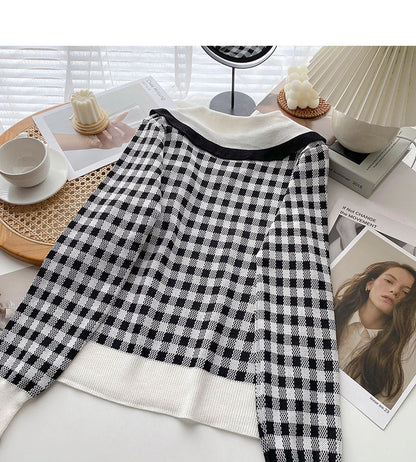 Aging sweet contrast checked doll collar Pullover Top  6678