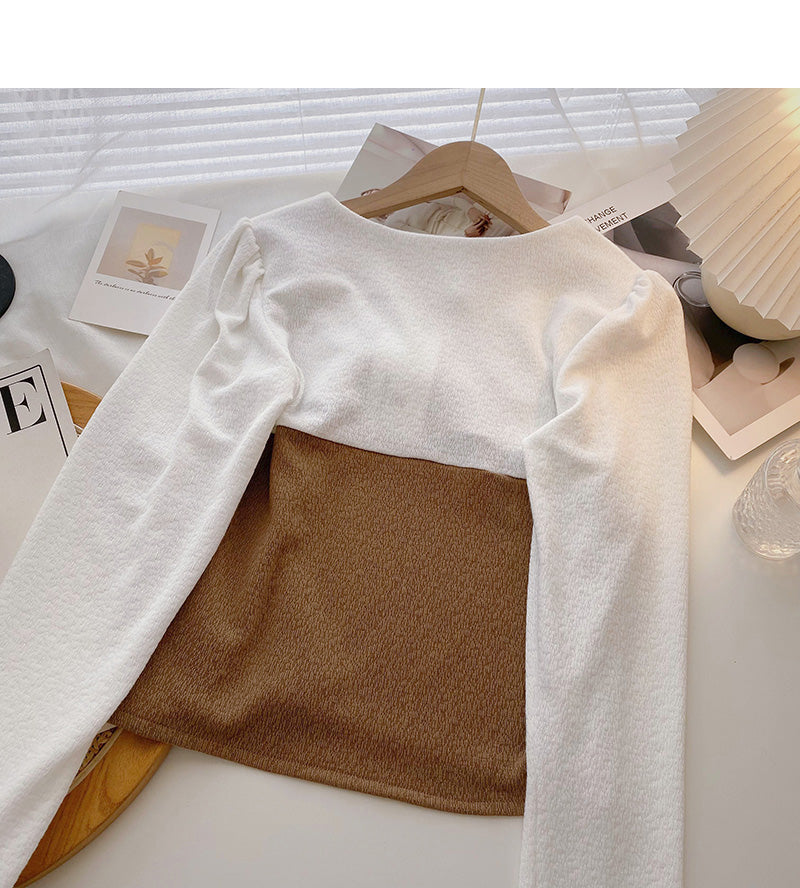 Korean slim fit French retro color blocking short long sleeve shirt  6329