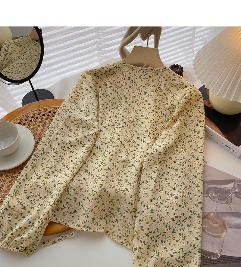 Design sense of foreign style floral shirt drawstring fold  6412