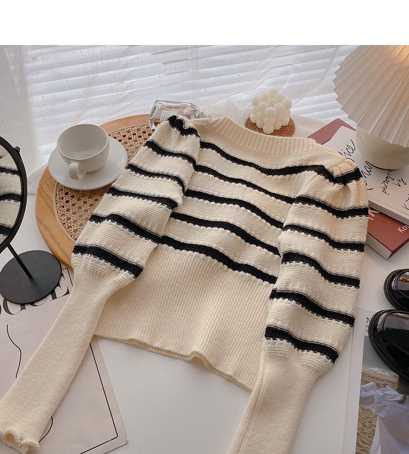 French Vintage striped square neck short lantern long sleeve slim top  6663