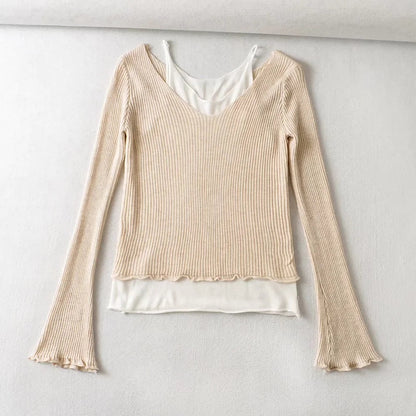Design sense versatile fake two off shoulder contrast slim fit knitwear  7386