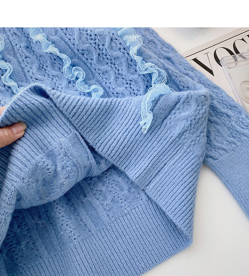 Design sense wavy lace sweater loose sweet crew neck top  6088