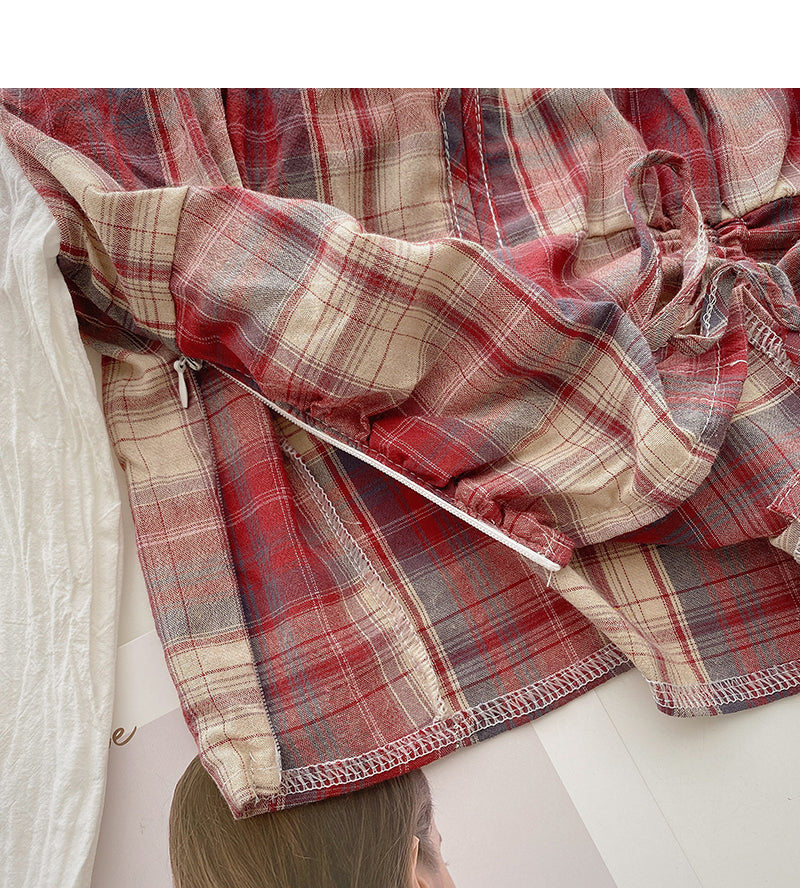 Plaid stitched shirt drawstring fake two tops  6378