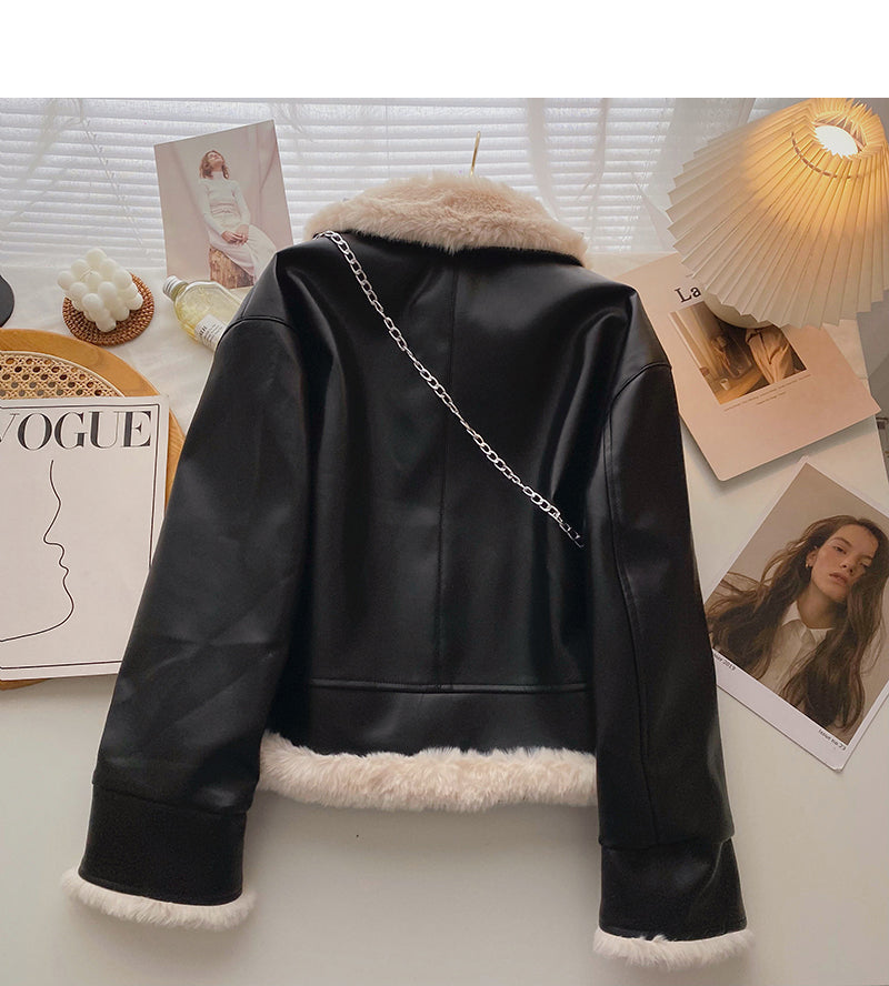 Plush coat fashion retro loose long sleeved PU leather clothes delivery bag  6220