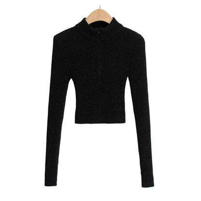 Solid color half high neck zipper design sweater  7175