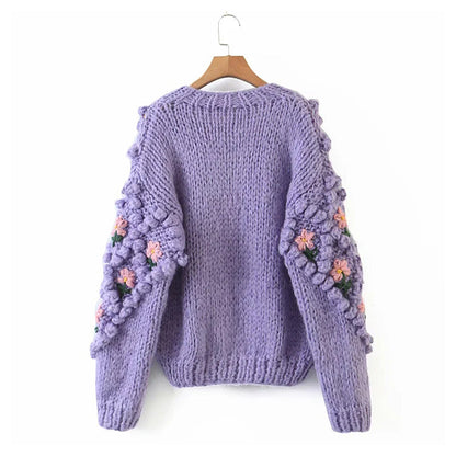 Three dimensional flower hook woven lantern sleeve cardigan sweater coat  7379