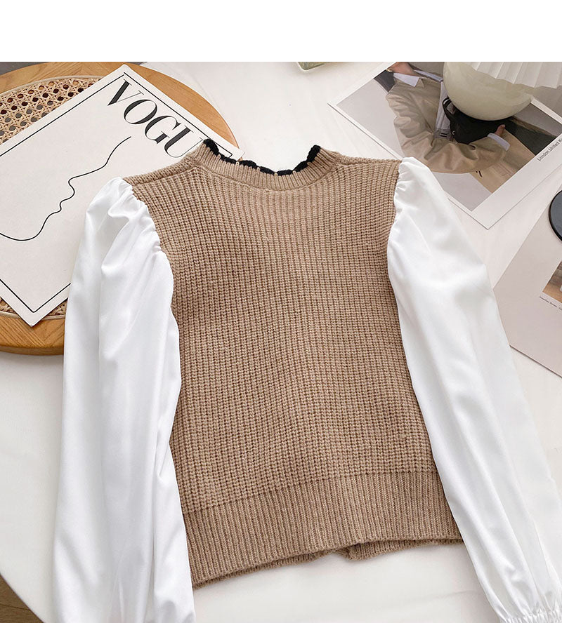 French small square neck stitched long sleeve fake two-piece blouse  6592