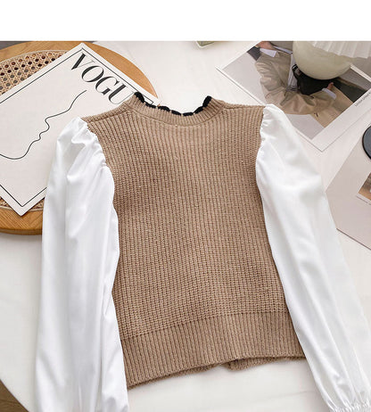 French small square neck stitched long sleeve fake two-piece blouse  6592