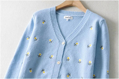 Lazy embroidery button cardigan V-neck versatile top coat sweater  7213