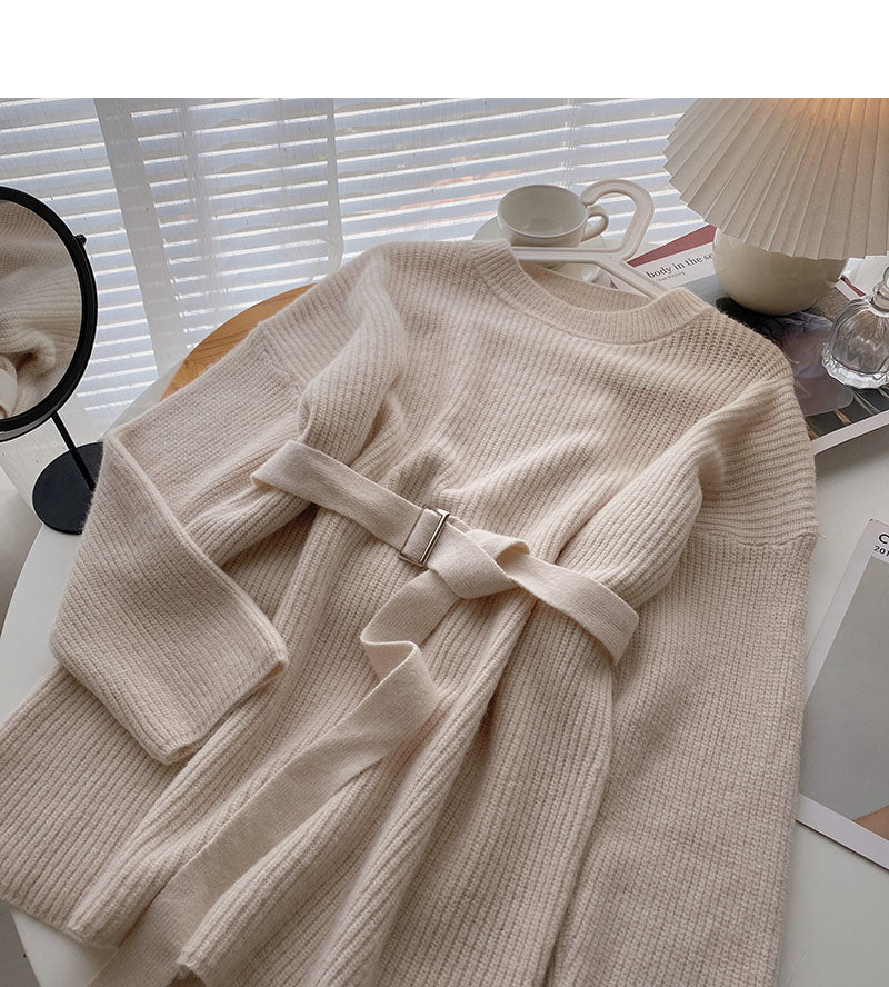 Design sense temperament loose and thin round neck top with belt  5931