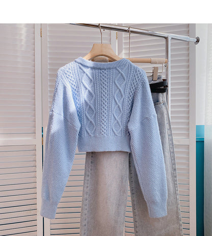 High waist short twist sweater single breasted cardigan top  6139