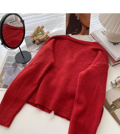 Lace edge V-Neck long sleeve design loose short top  6048