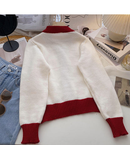 Hollow out design of long sleeve retro color matching sweater  6196