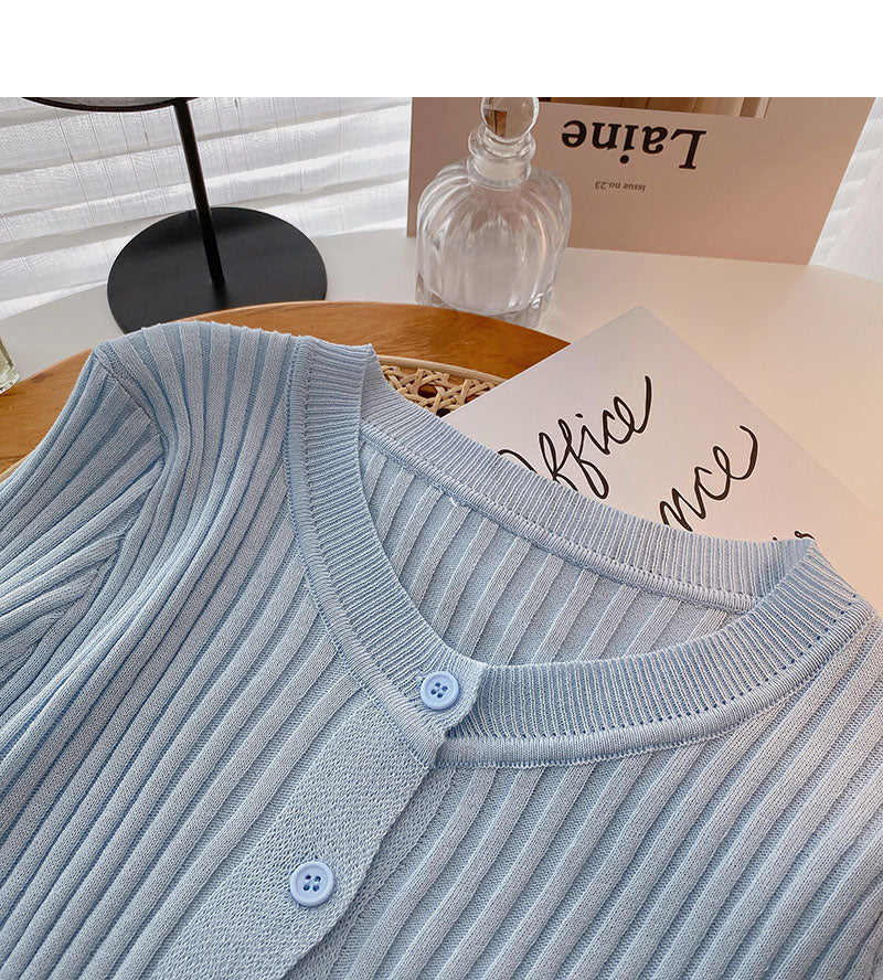 Korean version thin long sleeve round neck versatile thread solid color knitted cardigan  6550