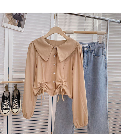 Baby collar single breasted shirt drawstring short slim top  6376