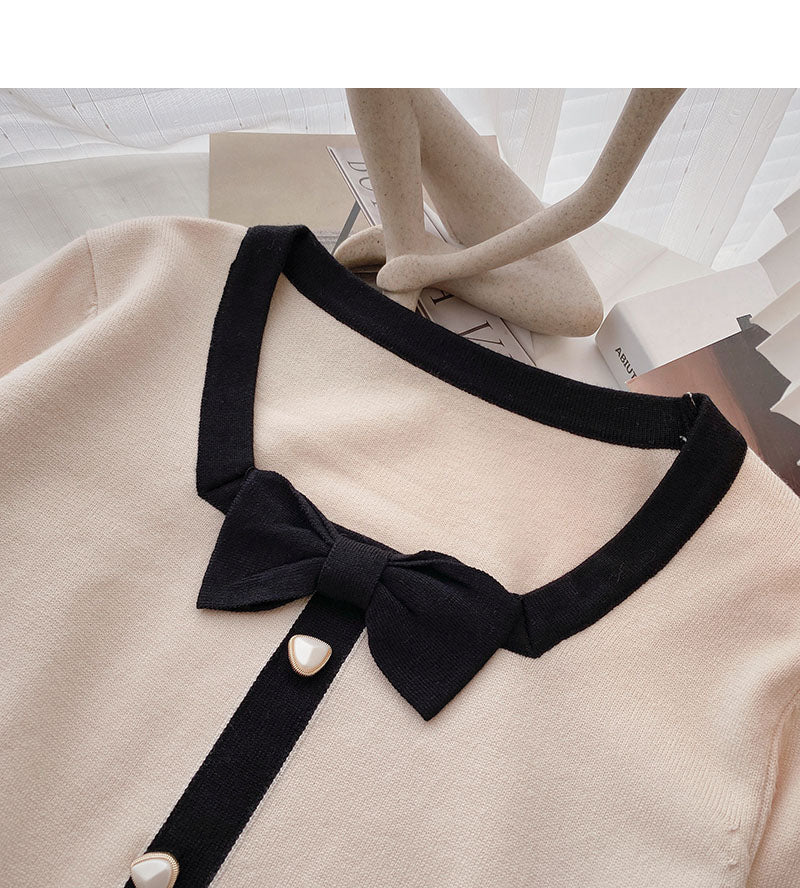 Gentle temperament thin retro bow color matching long sleeve top  6675