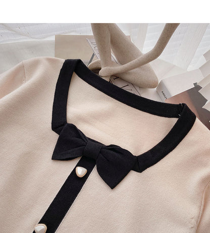 Gentle temperament thin retro bow color matching long sleeve top  6675