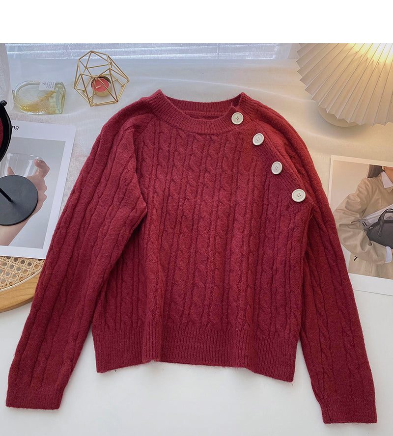 Design sense personalized diagonal button round neck Pullover versatile top  6032
