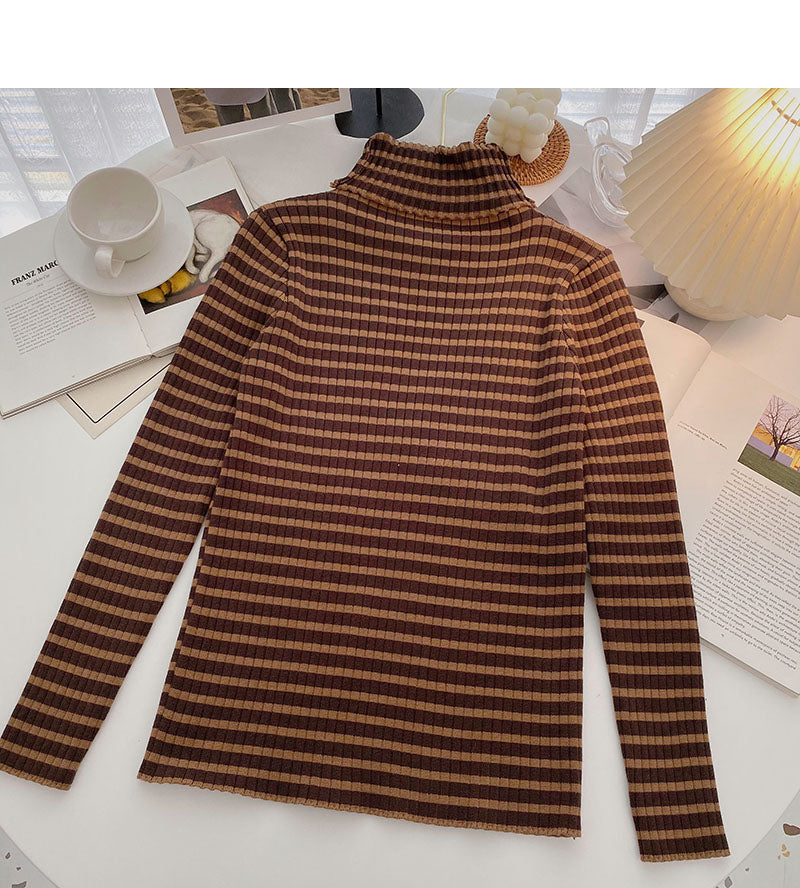 High neck stripe bottomed long sleeve top popular sweater  6652