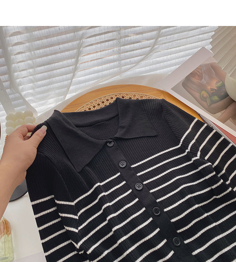 Design sense color blocking stripes show thin slim Lapel top  6553