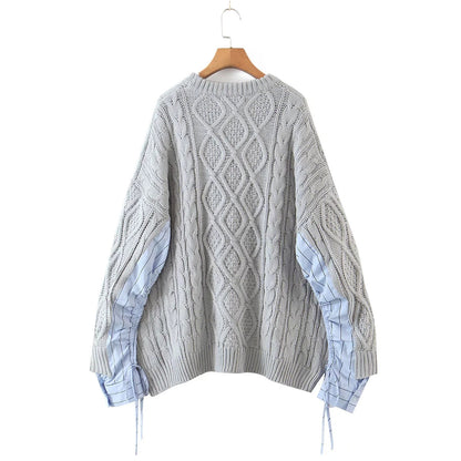Vintage stitched sleeve round neck Pullover loose medium length sweater  7334