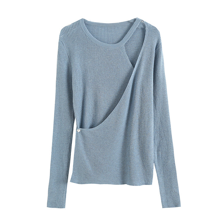 Design sense irregular knit shirt female autumn slim fit pure color bottomed shirt  7267