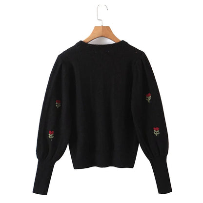 Lazy wind retro Flower Embroidered round neck Pullover Sweater  7328
